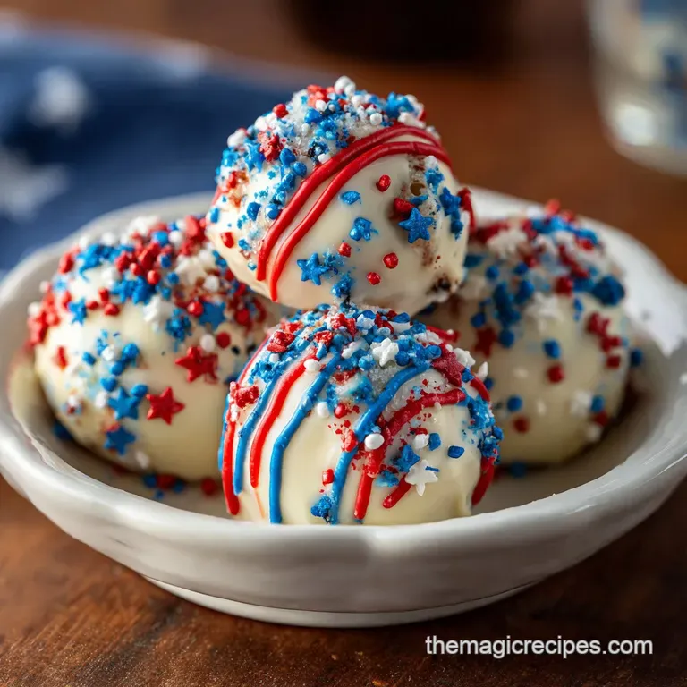A cluster of festive patriotic truffles, showcasing vibrant red, white, and blue coatings with sparkling edible glitter, n...
