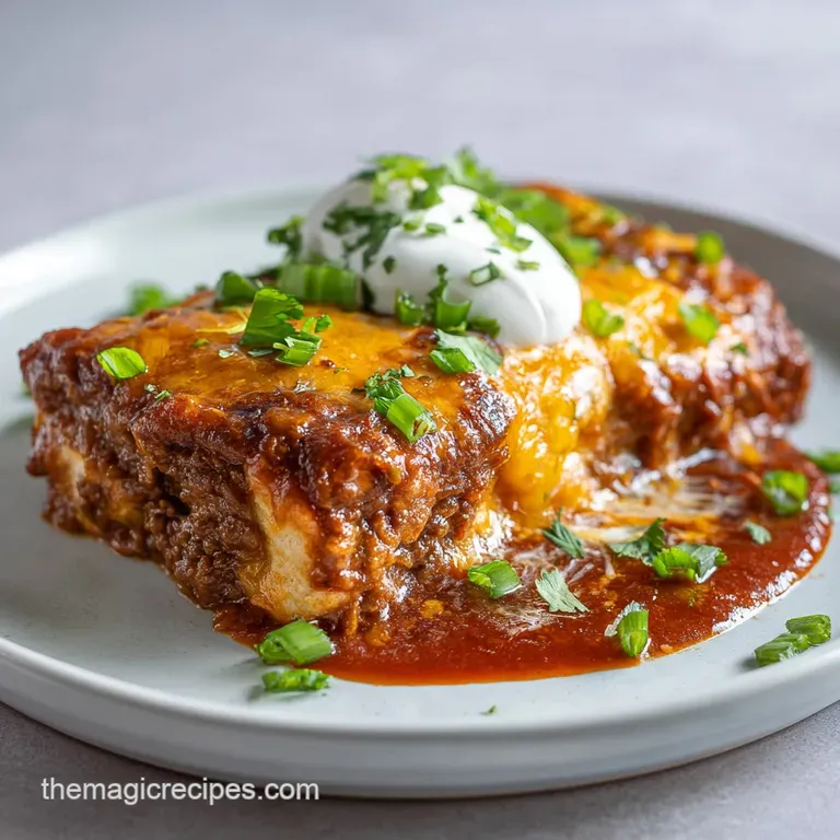 Two beef enchiladas on a white plate swimming in red sauce, garnished with cilantro, served with a dollop of sour cream.