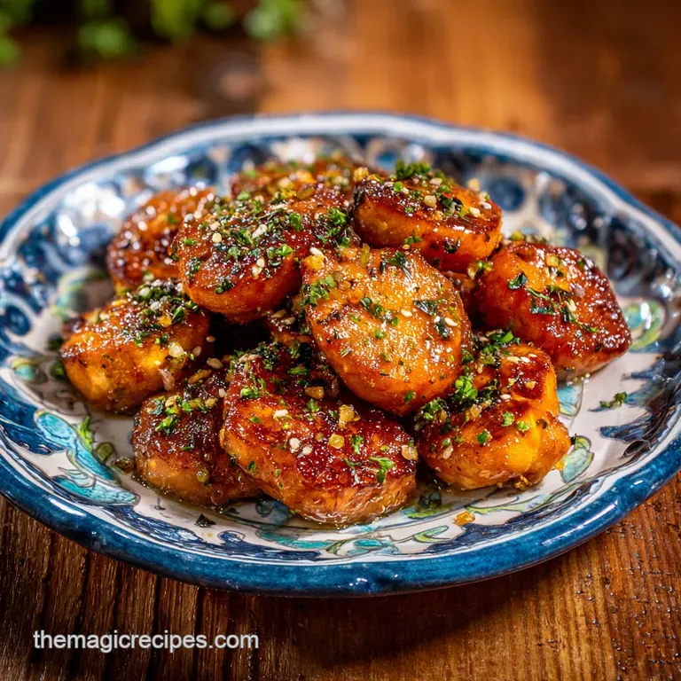 Air fryer salmon bites with honey glaze presented on a pristine white plate with a sprig of fresh dill. Delicious!