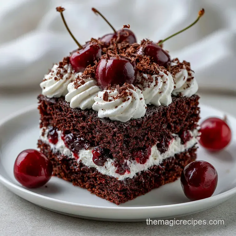Elegant slice of chocolate cake with a swirl of whipped cream and a bright red cherry on a white plate.