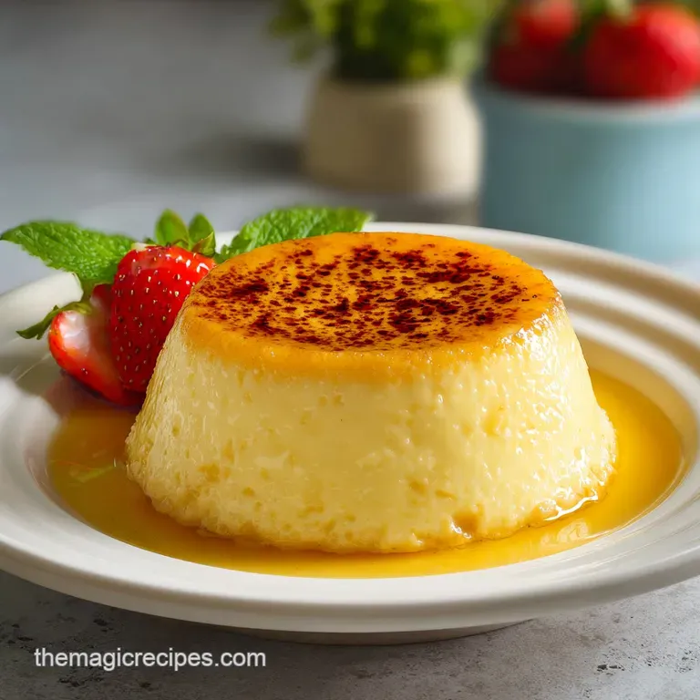 A shallow white ramekin featuring a golden caramelized sugar lid and a fresh mint leaf for a pop of color.