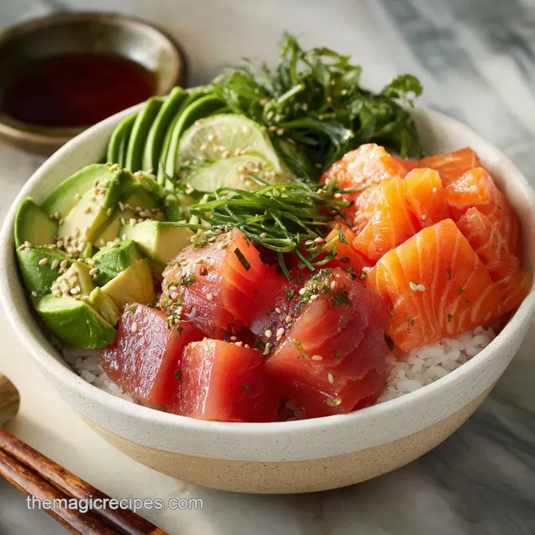 Artistic poke bowl plating: fresh ahi tuna shines against bright greens, creamy avocado, and crunchy toasted sesame seeds.