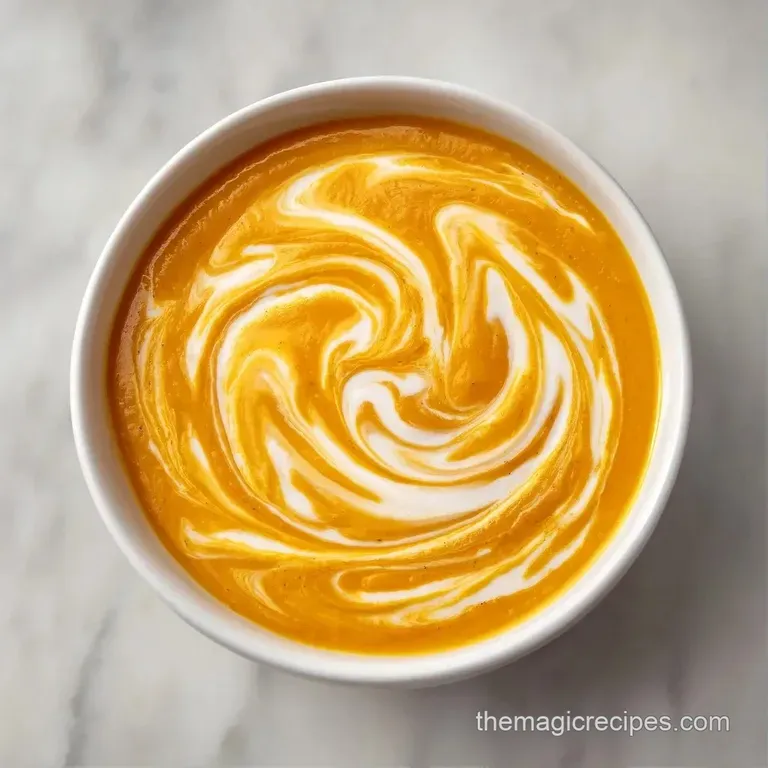 A deep orange velvet soup in a ceramic bowl, topped with a drizzle of cream and a sprig of fresh green thyme.
