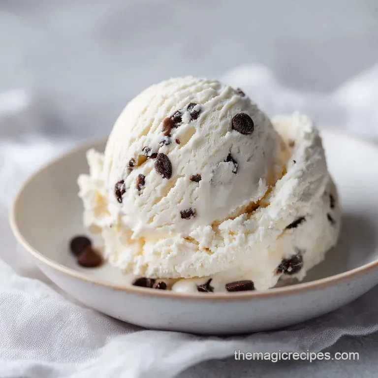 A perfect scoop of snowy white frozen dessert in a crystal bowl, garnished with a fresh mint leaf and cherry.