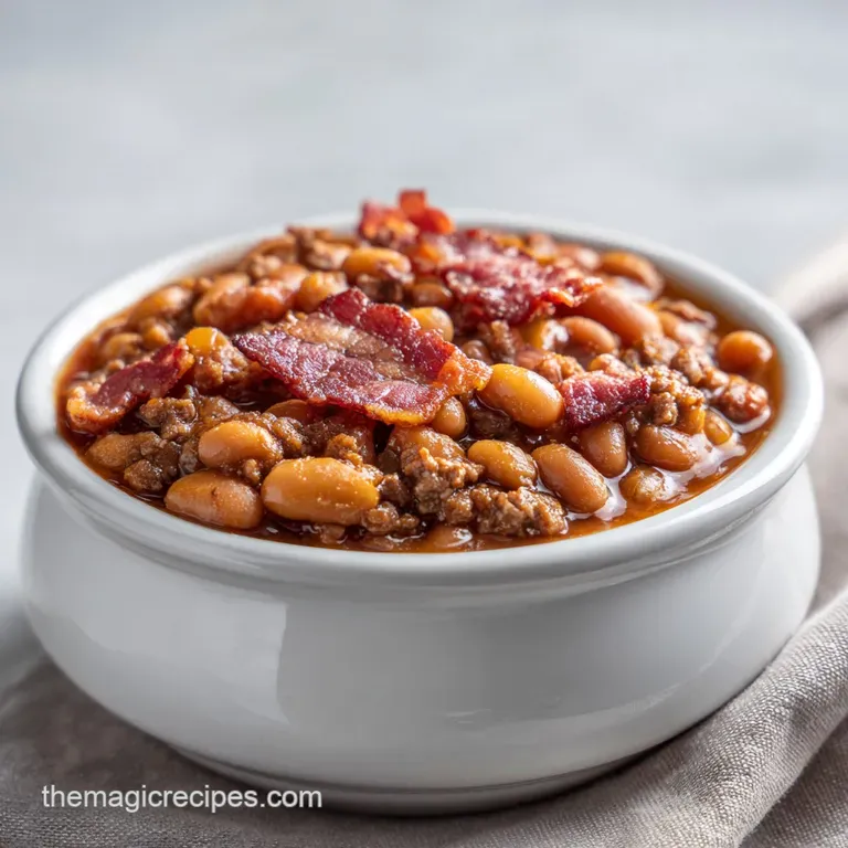 A comforting scoop of baked beans with beef, garnished with fresh parsley, served in a rustic bowl.