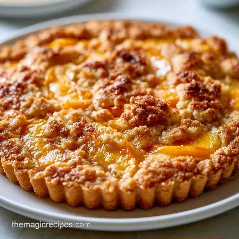 A scoop of melting vanilla ice cream on a slice of warm, golden fruit crumble with glistening peach syrup.