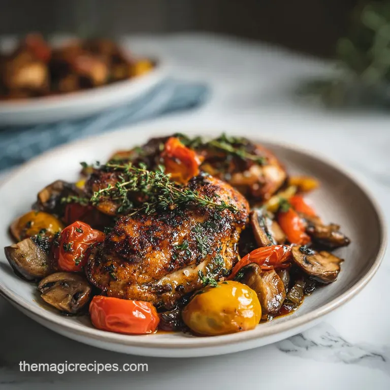 Glossy balsamic chicken breast atop a bed of colorful roasted vegetables, an elegant and appetizing individual serving.