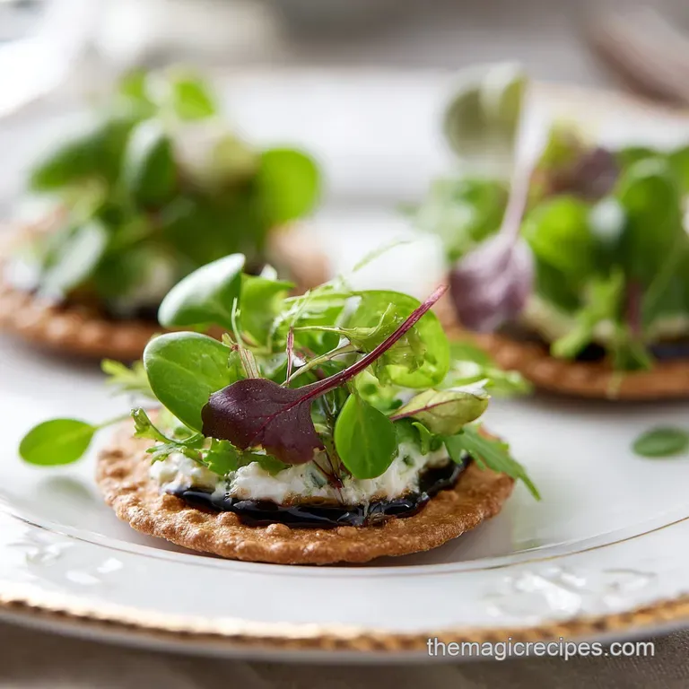 Artfully arranged crackers topped with glossy greens and a drizzle of dark, thick balsamic.