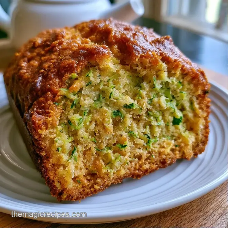 A thick slice of golden-brown quick bread topped with melted butter on a rustic wooden board with a linen napkin.