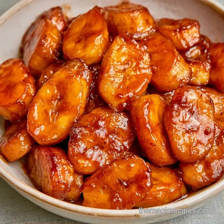 Golden banana halves fanned across a warm white plate, coated in glossy amber rum sauce that pools at the edges