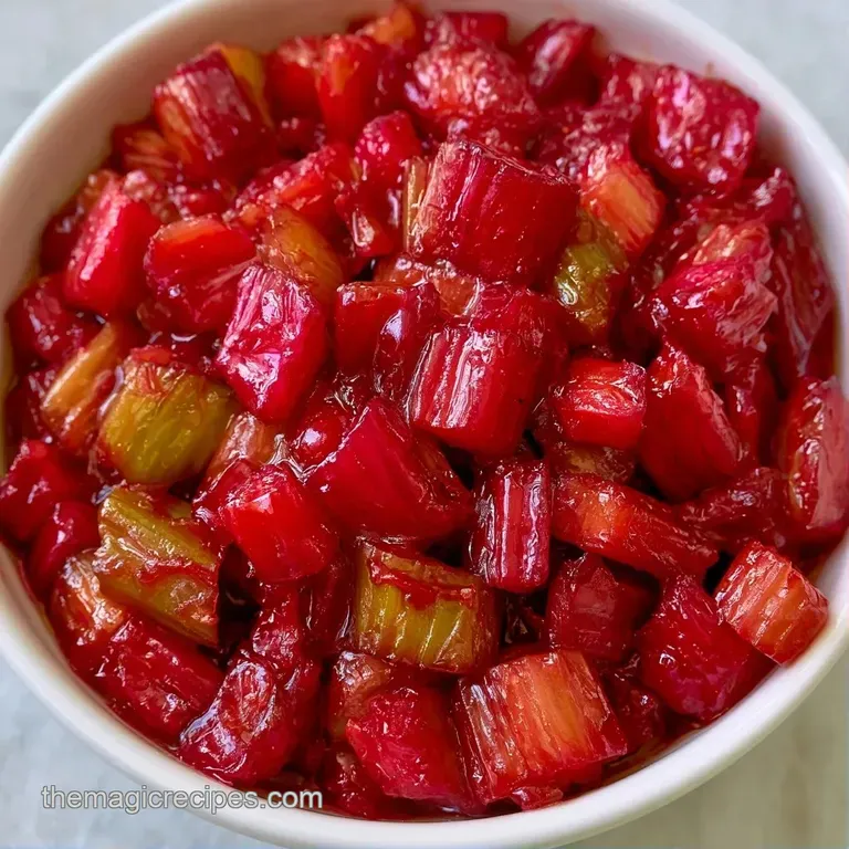 Glossy pink fruit pieces artfully spooned over thick Greek yogurt, topped with a sprig of fresh mint.