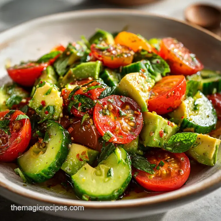 Neatly arranged avocado tomato cucumber salad, glistening with lemon vinaigrette and topped with fragrant fresh basil. Lig...