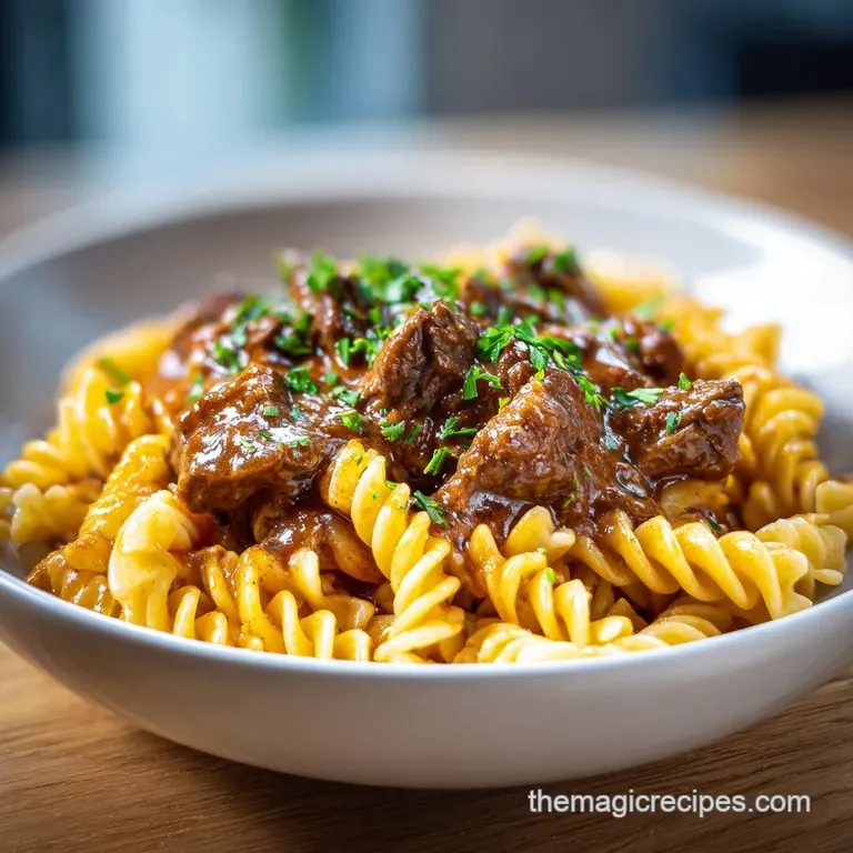 Elegant serving of beef and noodles, tender beef chunks, wide noodles, and a sprinkle of fresh herbs on a bright white plate.