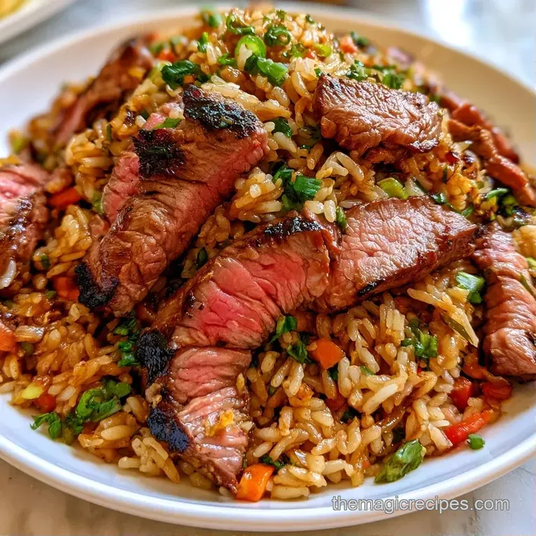 A white ceramic bowl filled with golden rice and beef, garnished with sliced scallions and toasted sesame seeds.