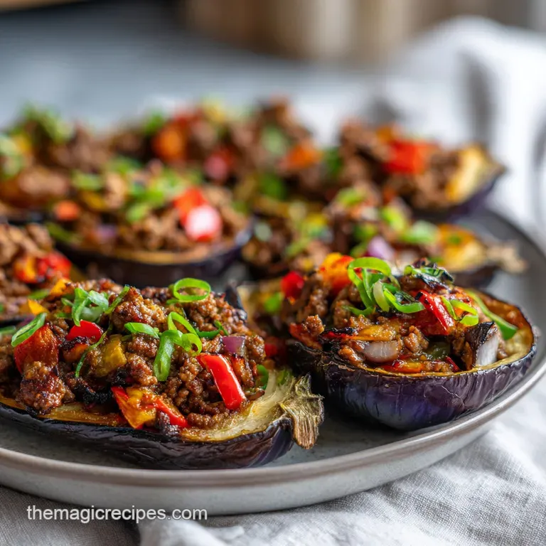 Two halved eggplants stuffed with savory filling, topped with melted mozzarella and a sprig of fresh green herbs.