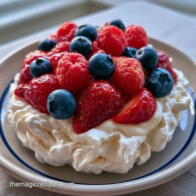 Four elegant glass coupes filled with swirls of whipped cream, crisp meringue shards, and glossy red berries.