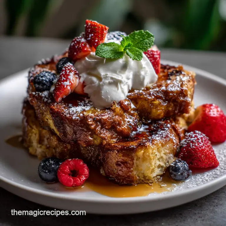 Thick-cut French toast, drizzled with maple syrup, plated with fresh berries and whipped cream. A visually stunning breakf...