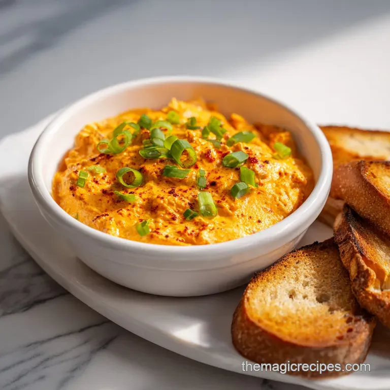 Warm, creamy buffalo chicken dip served in a small, elegant ramekin, topped with a sprinkle of fresh green onions.
