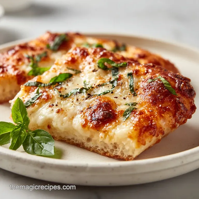 Slices of toasted crust pizza on a rustic wooden peel, garnished with fresh green basil and a sprinkle of parmesan.