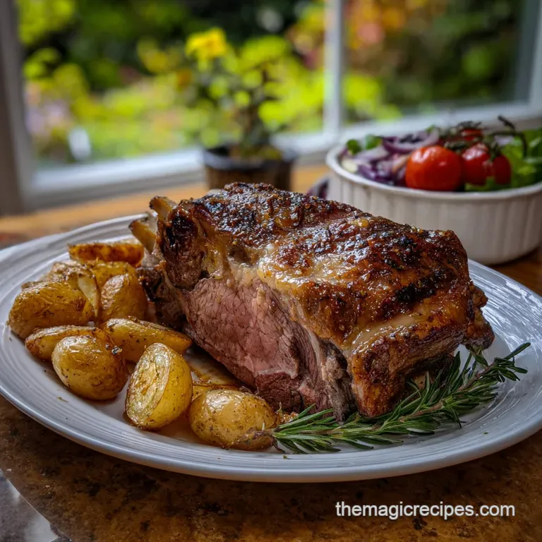 Elegant plate showcasing a thick slice of prime rib, medium-rare, with a glistening jus, beside creamy horseradish and roa...