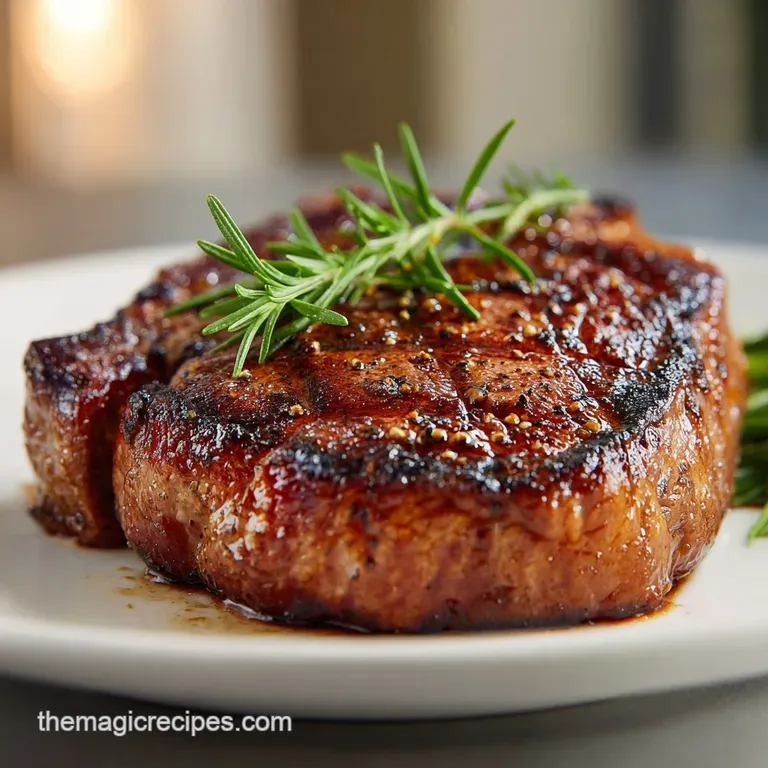Perfectly cooked ribeye steak sliced on a white plate, with a side of vibrant green asparagus and golden roasted potatoes.