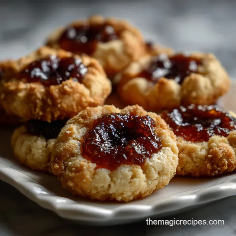 Elegant plate of buttery thumbprint cookies. Each cookie boasts a bright, glossy jam center, contrasting with the soft, cr...
