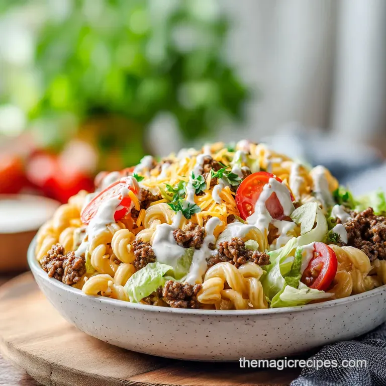 Plated Big Mac salad: layered ground beef, crisp lettuce, and a vibrant orange dressing, topped with sesame seeds and chop...