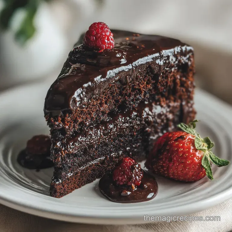 Dramatic slice of dark velvet cake, frosting glossy. Red crumbs scattered on plate add texture and bold color to the dessert.