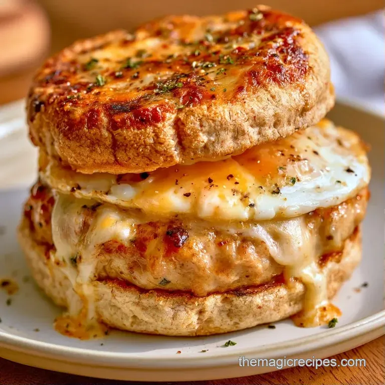 Golden toasted buns stacked with melted cheese and a sunny-side-up egg, plated on a slate board with fresh herbs.