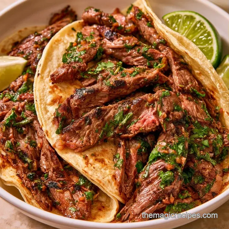 Charred corn tortillas filled with juicy seared beef, topped with crisp onions and cilantro on a dark wooden board.