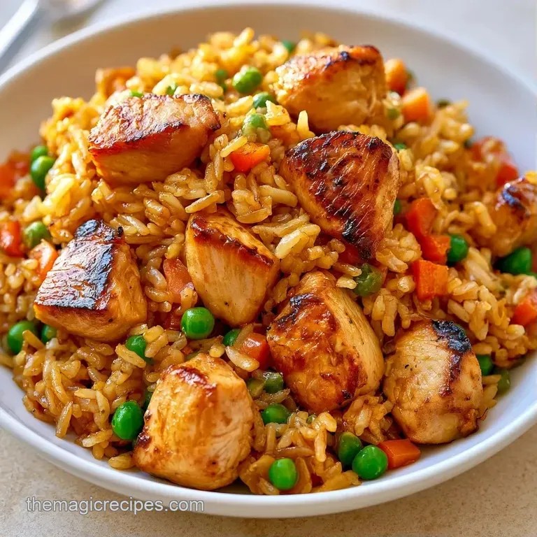 Steaming mound of savory rice with seared chicken and colorful vegetables served in a minimalist white ceramic bowl.