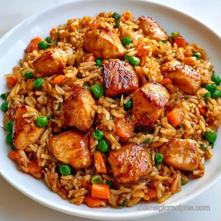 A mound of golden rice mixed with colorful vegetables, topped with sliced scallions on a modern white plate.