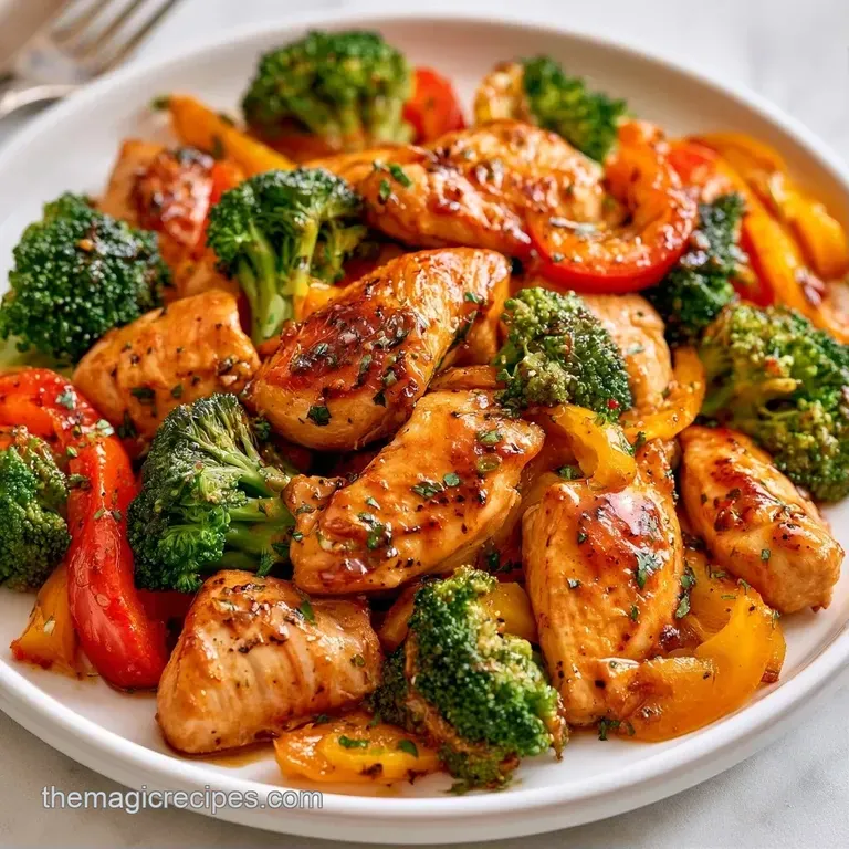 Vibrant chicken and crisp vegetables piled high in a white ceramic bowl, topped with toasted sesame seeds.