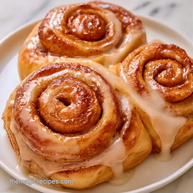Two gooey, sticky rolls on a white plate with a caramel drizzle and a light dusting of cinnamon powder.