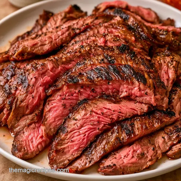 Neatly sliced medium-rare beef strips drizzled with brown butter on a white platter with a sprig of fresh rosemary.
