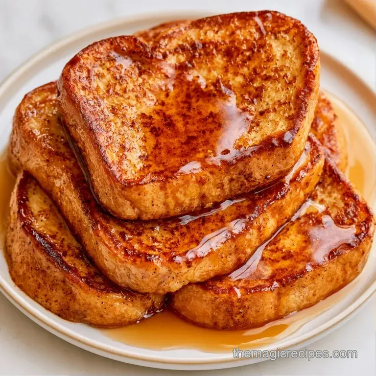 Stacked slices of golden toasted bread on a white plate, garnished with vibrant berries and a dusting of sugar.