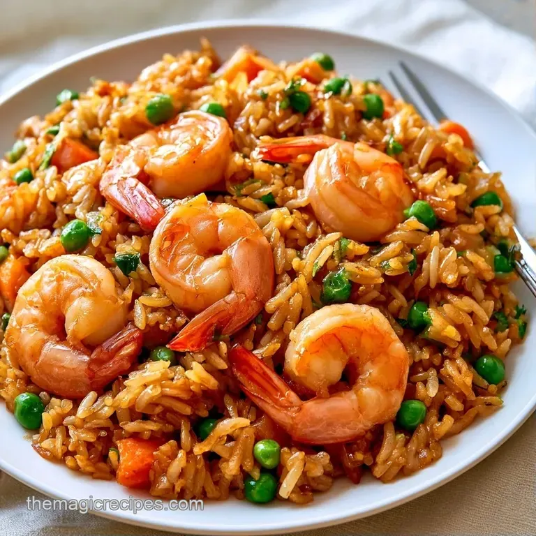 A neat mound of glistening savory rice topped with seared shrimp and sliced scallions on a matte black ceramic plate.