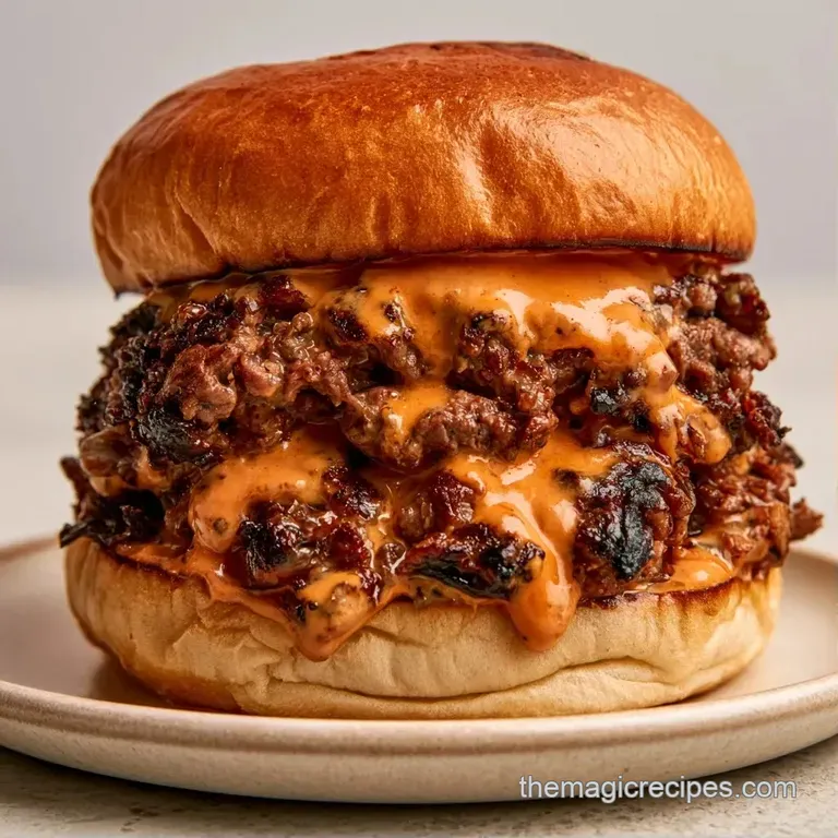 Two stacked beef patties with oozing cheese on a rustic wooden board alongside golden crispy fries and dip.
