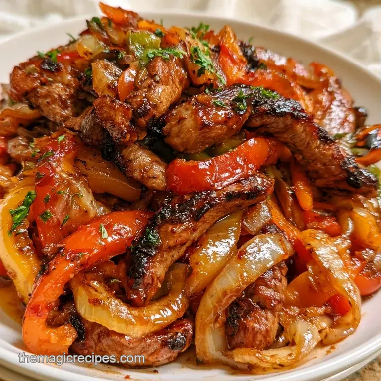 Saut&eacute;ed steak strips and vibrant peppers arranged on a platter with bowls of fresh salsa and creamy guacamole