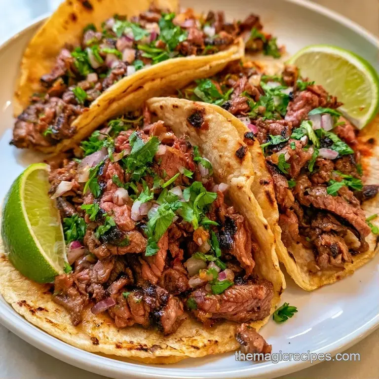 Vibrant platter of seared meat tacos with crisp white onion, fresh cilantro, and zesty lime on a rustic wooden board.