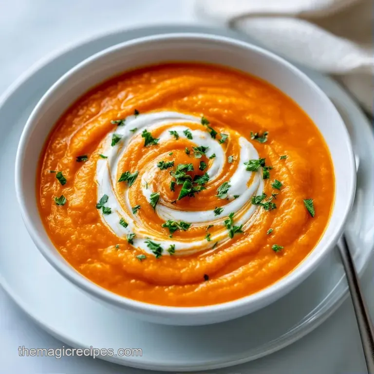 Vibrant orange cream soup served in a shallow white bowl, garnished with a swirl of coconut milk and micro-greens.