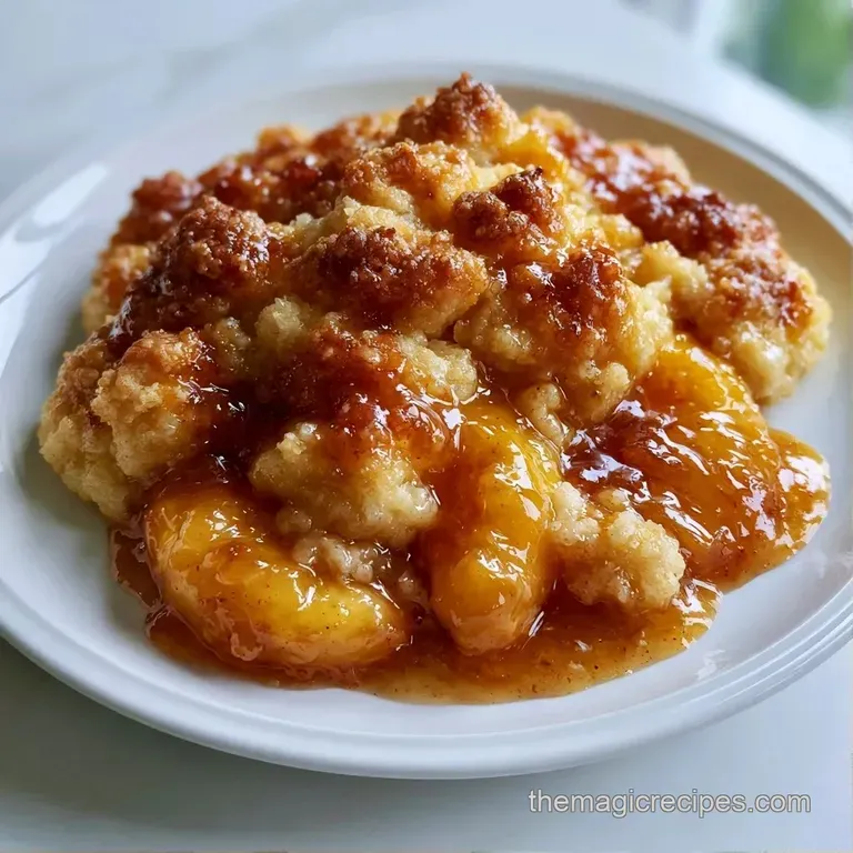 A slice of golden baked fruit dessert with melted vanilla bean ice cream dripping over warm, juicy peach slices.