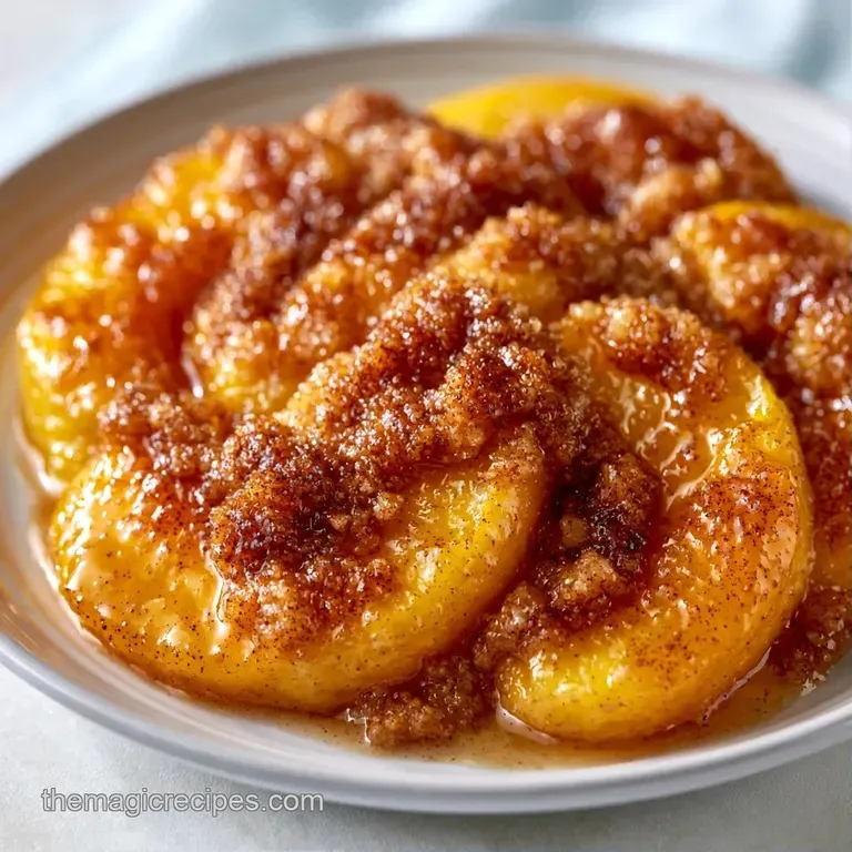 A scoop of vanilla ice cream melting over warm, glazed orange peach slices served on a clean white porcelain plate.