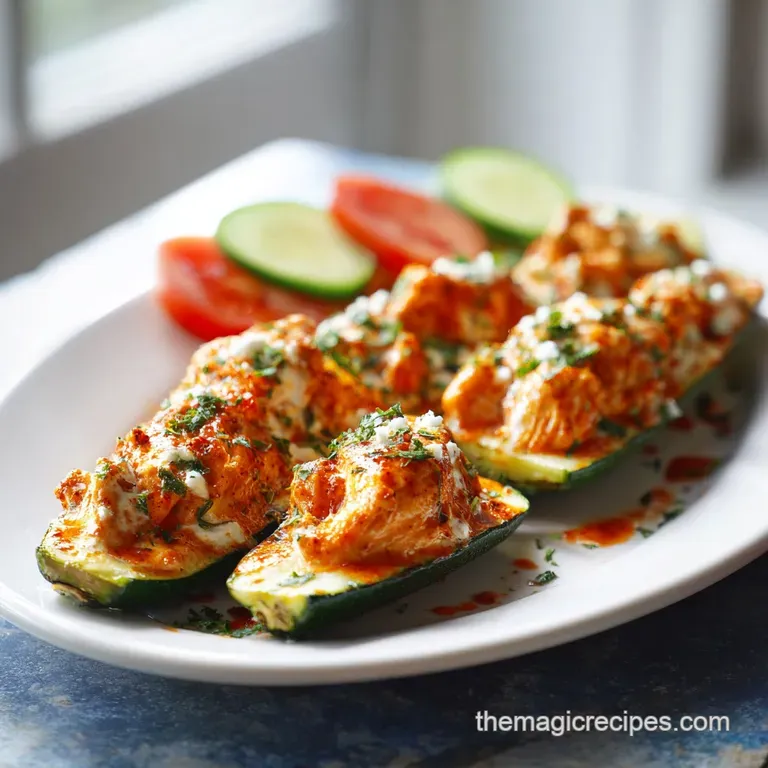 Spicy chicken-filled zucchini halves artfully arranged on a white plate with a drizzle of creamy dressing.