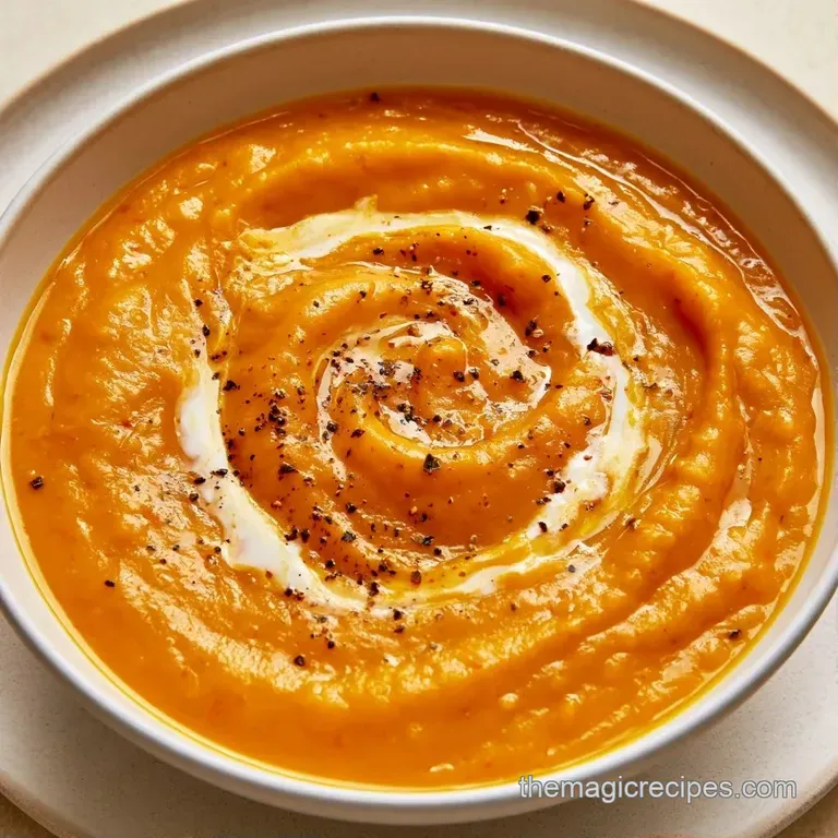 Smooth orange puree in a modern bowl with a sprinkle of black pepper and a slice of toasted artisanal bread.