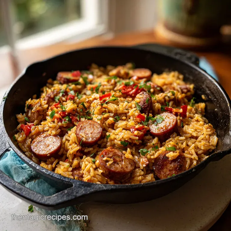 Close-up of Cajun rice skillet in a bowl. Sausage slices, vibrant peppers, and fluffy rice glisten with savory sauce and f...