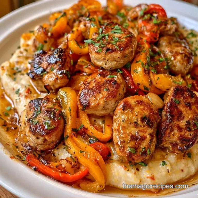 A shallow white bowl filled with velvety grits, topped with seared sausage slices and a sprinkle of parsley.
