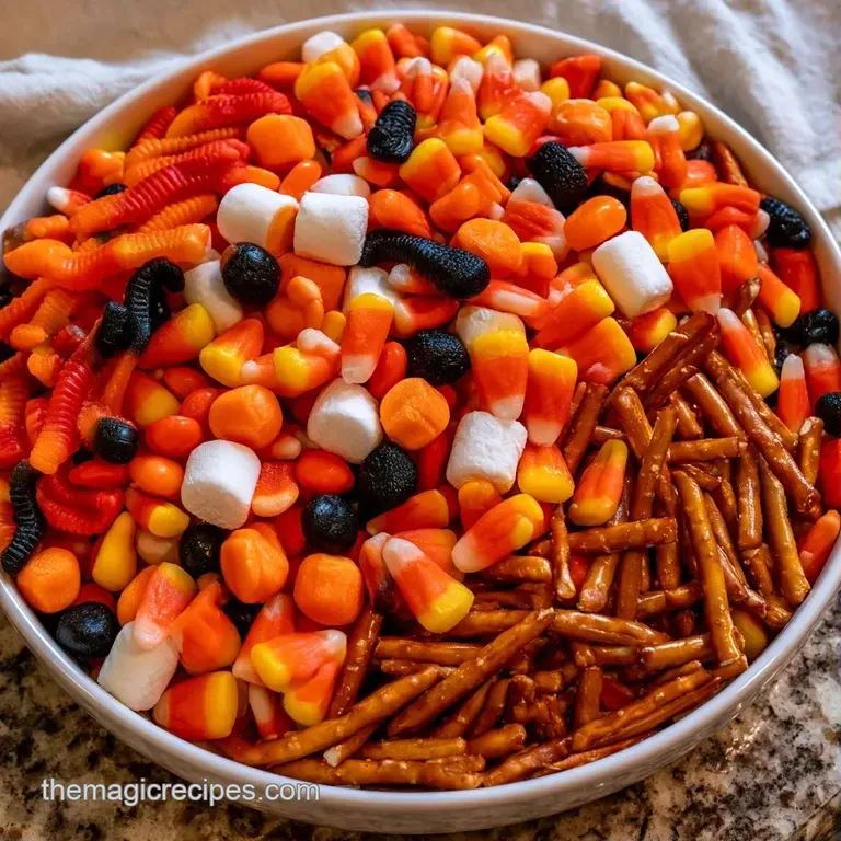 An elegant wooden platter overflowing with neatly arranged piles of bright gummies and rich, dark cocoa chocolates.
