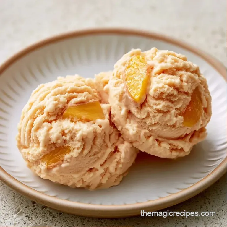Two scoops of pale orange frozen dessert in a chilled glass bowl, garnished with a mint leaf and fresh peach wedges.