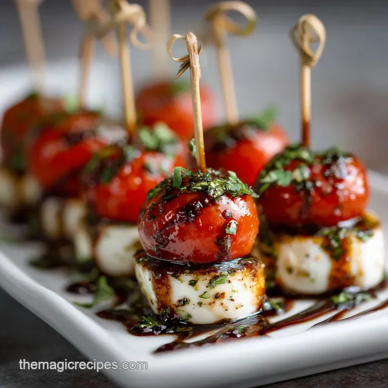 Elegant Caprese skewers displayed upright in a glass. Red tomatoes, creamy mozzarella, and vibrant basil create a striking...